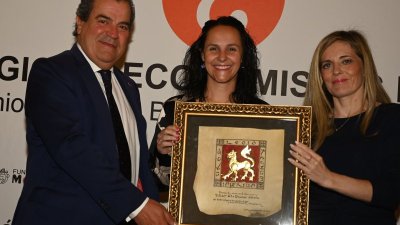 Entrega del Premio Leonés en el Extranjero a Dña. Pilar de la Puente. Hace entrega la Decana del Colegio, María Díez Revilla y el Presidente de la Fundación Monteléon, Francisco García Paramio